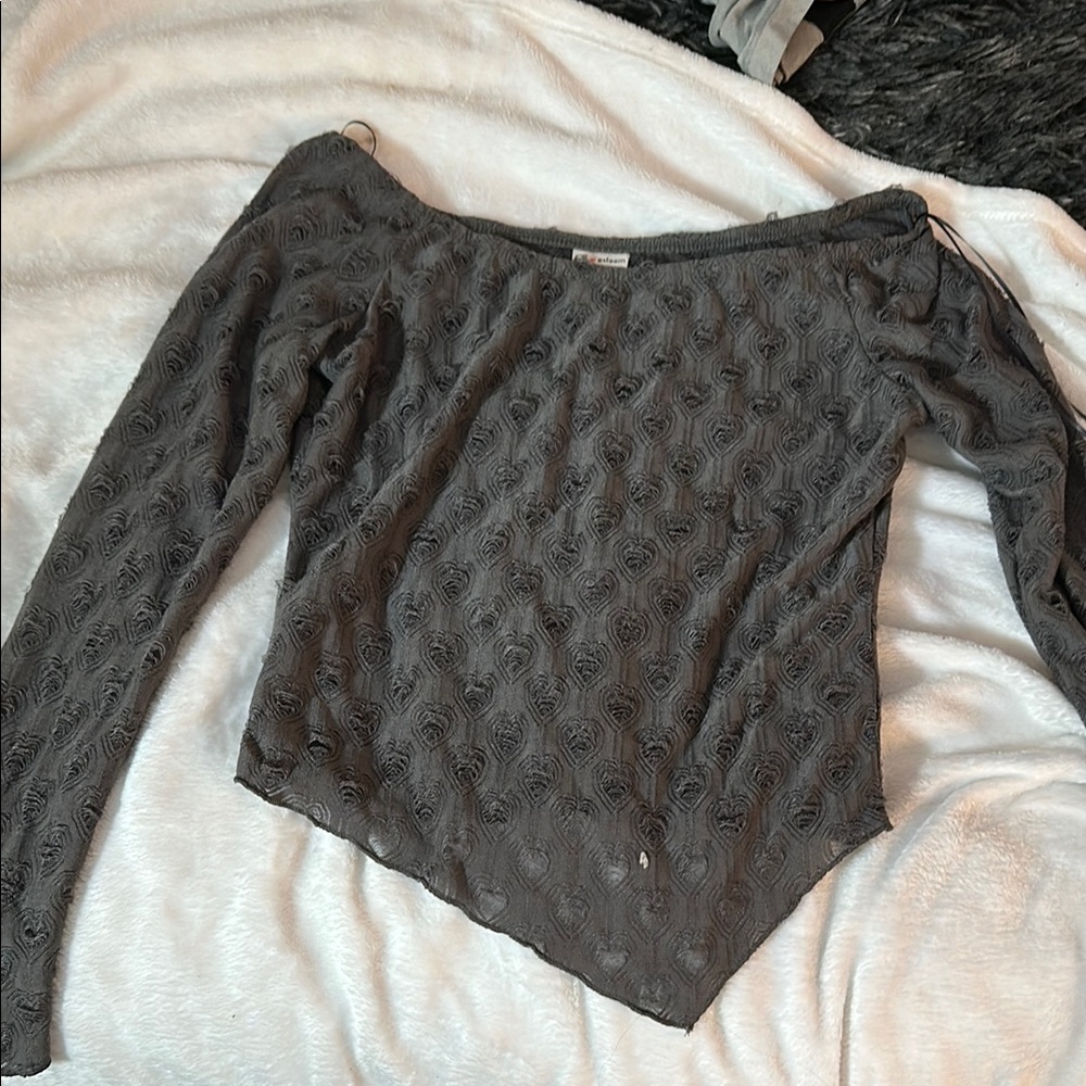 Self Esteem Gray Off-the-Shoulder Sweater with Cable Knit Design